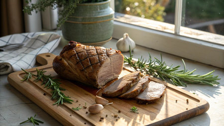 roasted pork loin with rosemary and garlic on a wooden boardの写真素材