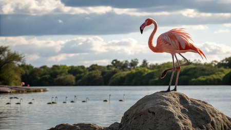 Pink flamingo standing on a rock in a lake with birds in the backgroundの写真素材
