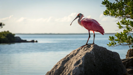 Roseate spoonbill standing on a rock by the ocean in Floridaの写真素材