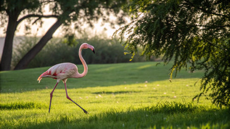 Pink flamingo walking on the grass in a park in summer.の写真素材