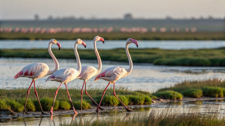 Greater flamingo (Phoenicopterus roseus) in Danube Delta, Romaniaの写真素材