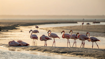 Flamingos in the salt lake at sunset, Camargue, Franceの写真素材