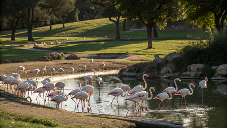 Flamingos in the park of Montjuic, Barcelonaの写真素材