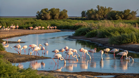 Greater flamingo (Phoenicopterus roseus) in Camargue, Franceの写真素材