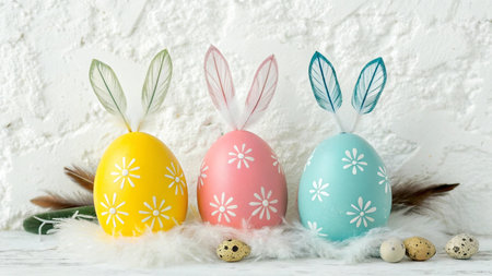 Colorful Easter eggs with bunny ears on white wooden shelf against white wall