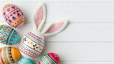 Colorful easter eggs with bunny ears on white wooden background.