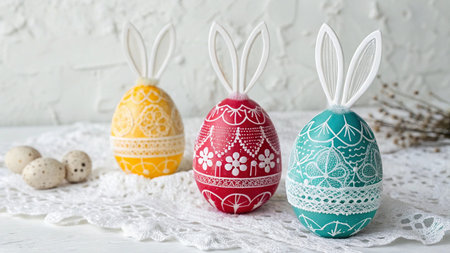 Easter eggs with bunny ears on a white background, copy space
