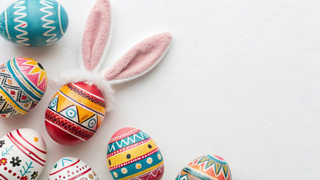 Easter eggs with bunny ears on white background. Top view, copy spaceの写真素材