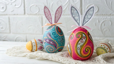 Easter eggs with bunny ears on a white wooden background. Copy space.の写真素材
