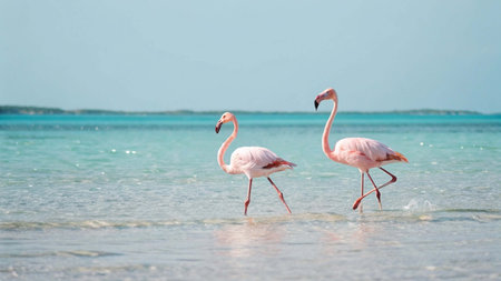 Two flamingos walking on the beach in the caribbean seaの写真素材