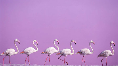 Flamingo in a row on a purple background with copy spaceの写真素材