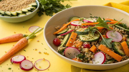 Bowl of healthy quinoa salad with fresh vegetables on yellow backgroundの写真素材