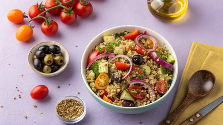 Tabbouleh salad with couscous, tomatoes, olives and quinoaの写真素材
