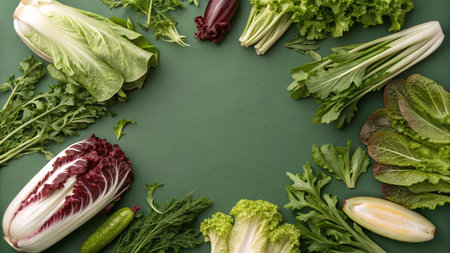 top view of green lettuce, radicchio and cucumber on green backgroundの写真素材