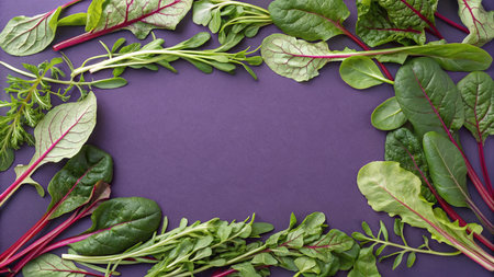 Variety of fresh green leaves on purple background. Top view with copy space