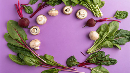 Champignon, red beets and champignons on purple background