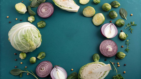 top view of fresh vegetables arranged in circle on turquoise surfaceの写真素材