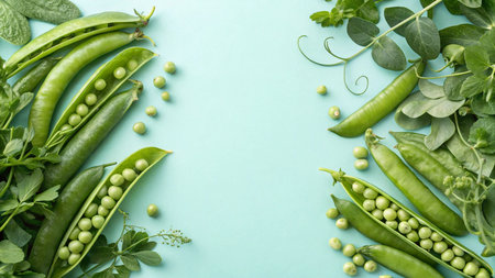 Fresh green peas and pea pods on mint background, top view