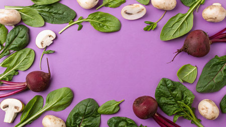Variety of fresh organic vegetables on purple background. Top view with copy space