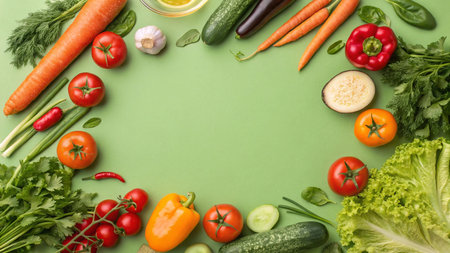 Frame of fresh vegetables on green background, top view. Space for text