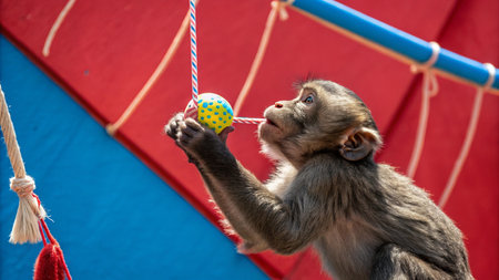 Baby monkey playing with a toy on the playground. Animal theme.の写真素材