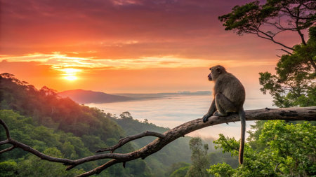 Monkey sitting on a branch with beautiful sunset in the background.の写真素材