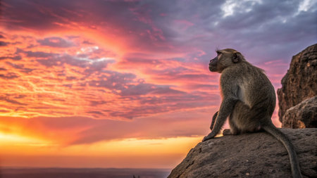 Monkey sitting on a rock at sunset with colorful sky background.