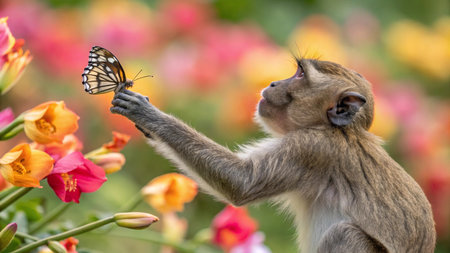Monkey with a butterfly on a flower background. Animal in nature.