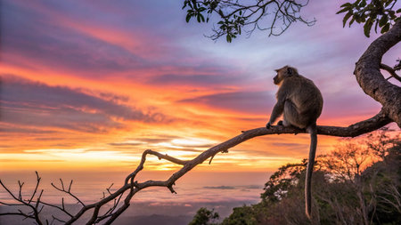 Monkey on the tree with beautiful sunset at Phu Kradueng National Park, Loei, Thailandの写真素材