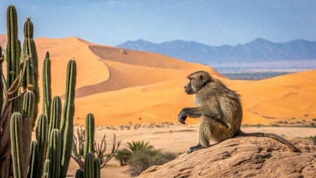 Baboon sitting on a rock in the Namib Desert, Namibiaの写真素材