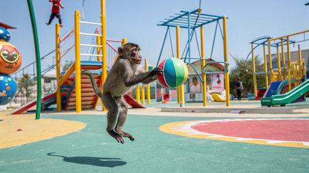 Monkey playing with a ball on a playground in a park.