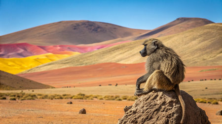 Chacma baboon sitting on a rock in the Andesの写真素材