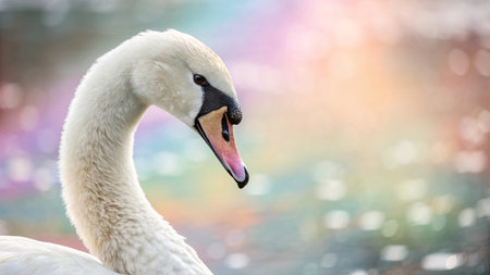 Close up of white swan on the lake at sunny day.の写真素材