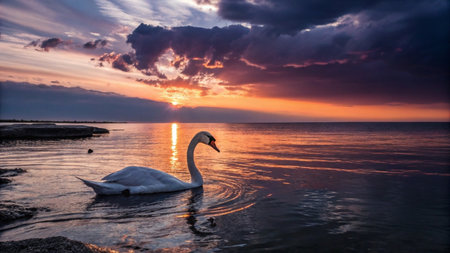 Beautiful white swan swimming on the lake at sunset. Beautiful landscape.の写真素材