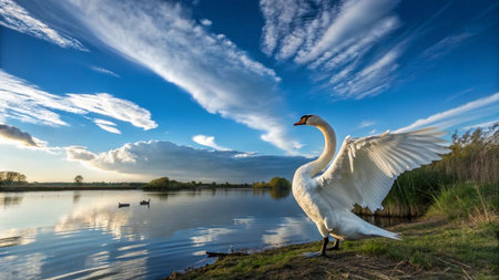 swan on the lake at sunset, swans on the lake, nature seriesの写真素材