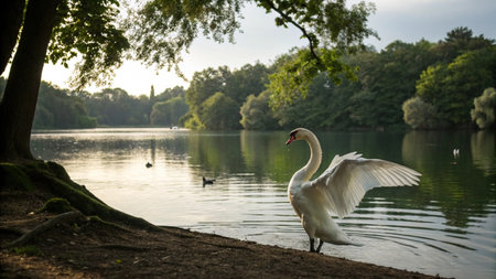 Beautiful white swan on the lake in the park in the eveningの写真素材