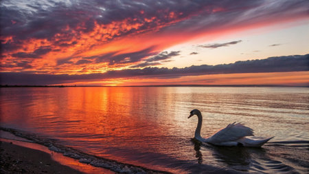 Swan on the lake at sunset. Beautiful landscape with a swan.の写真素材