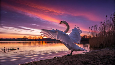 swan on lake at sunset, swans on pond, nature seriesの写真素材