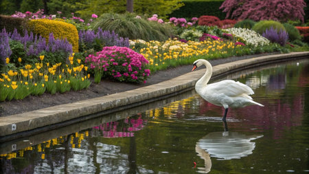 White swan swimming in a pond surrounded by colorful flowers in a parkの写真素材