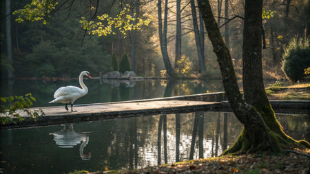Beautiful white swan on a pond in the park, Polandの写真素材