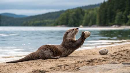 Otter on the shore of Lake Ladoga, Karelia, Russiaの写真素材