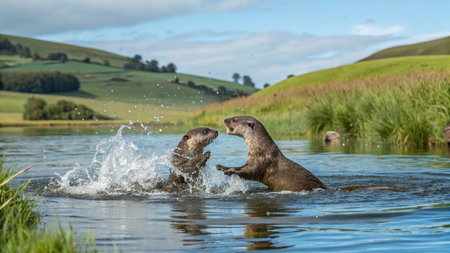 Two Asian small-clawed otters fighting in a lake.の写真素材