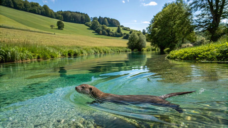 Otter swimming in a river in the countryside of Bavariaの写真素材