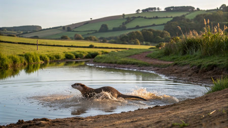 Otter swimming in a muddy river in the yorkshire woldsの写真素材