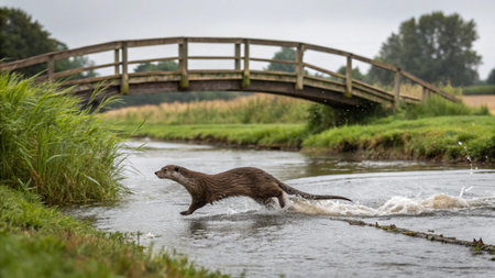 Otter running in a river with a bridge in the backgroundの写真素材