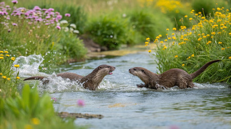 Two Asian small-clawed otters swimming in a river.の写真素材