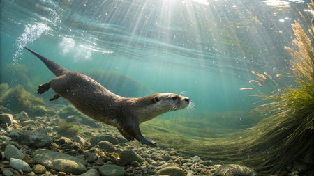 Otter swimming in the water with sunbeams and lens flare