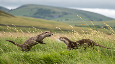 Two Asian small-clawed otters (Aonyx cinerea) fighting in the grass