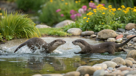 Two Asian small-clawed otters swimming in the water.の写真素材