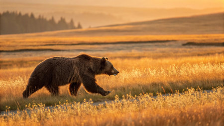 Grizzly bear running on the field at sunset in summer.の写真素材